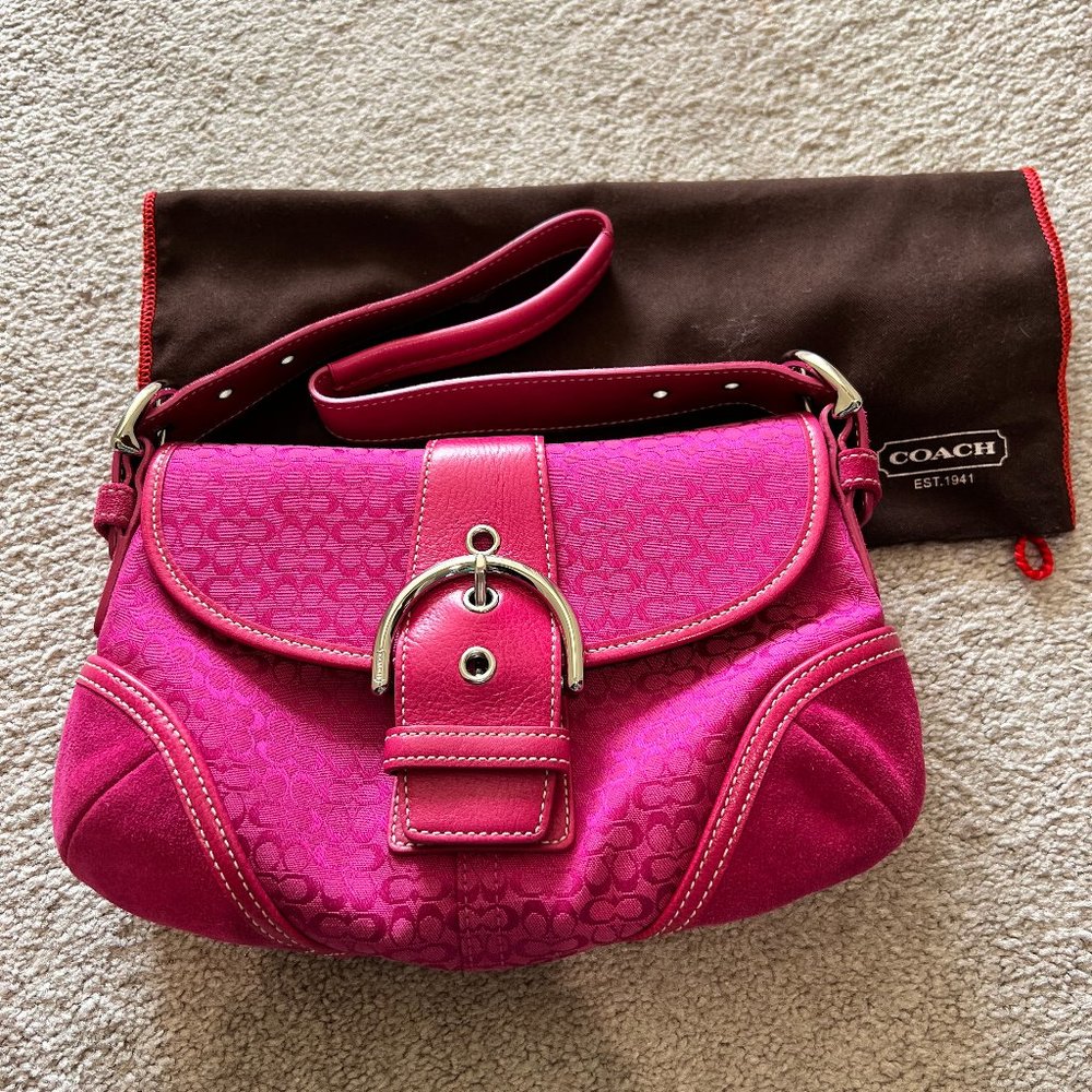Coach Hot Pink Signature Canvas and Suede Soho Bag